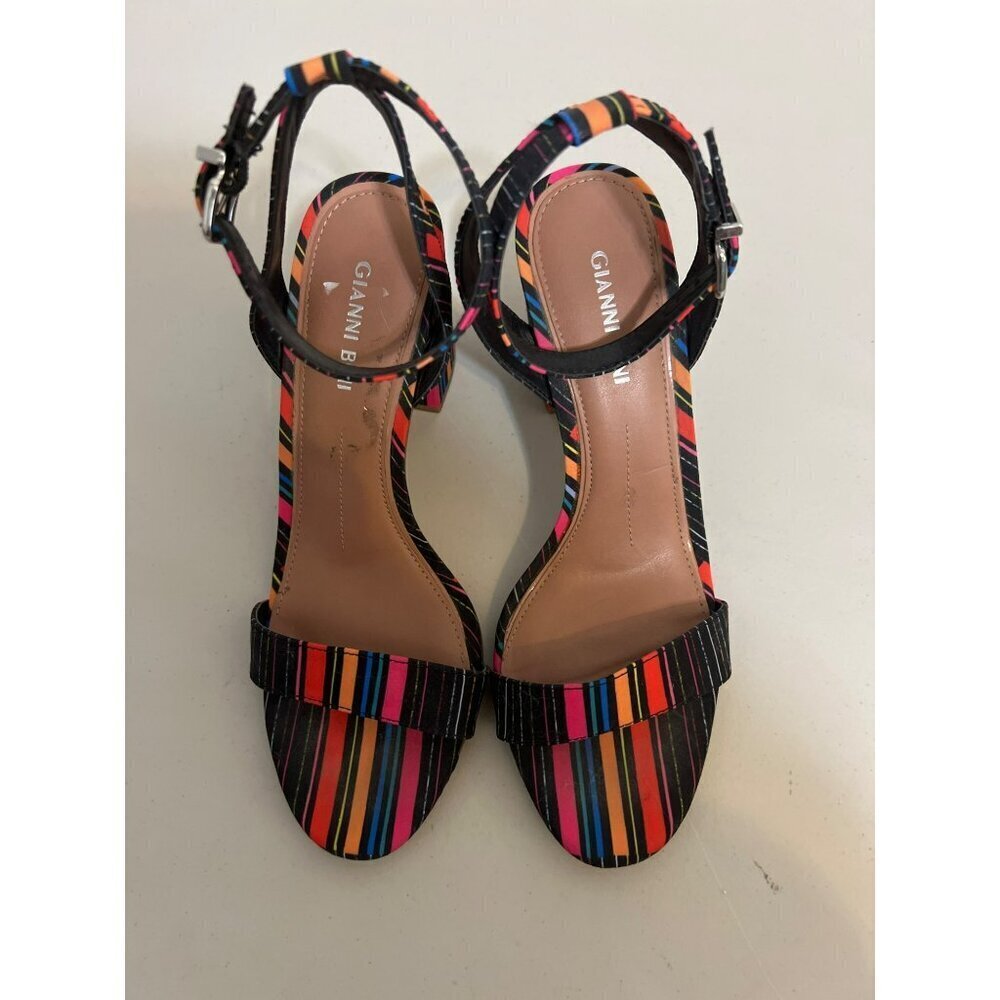 Gianni Bini Block Stacked Heel Multicolor Stripe Strappy Sandal Sz 8M